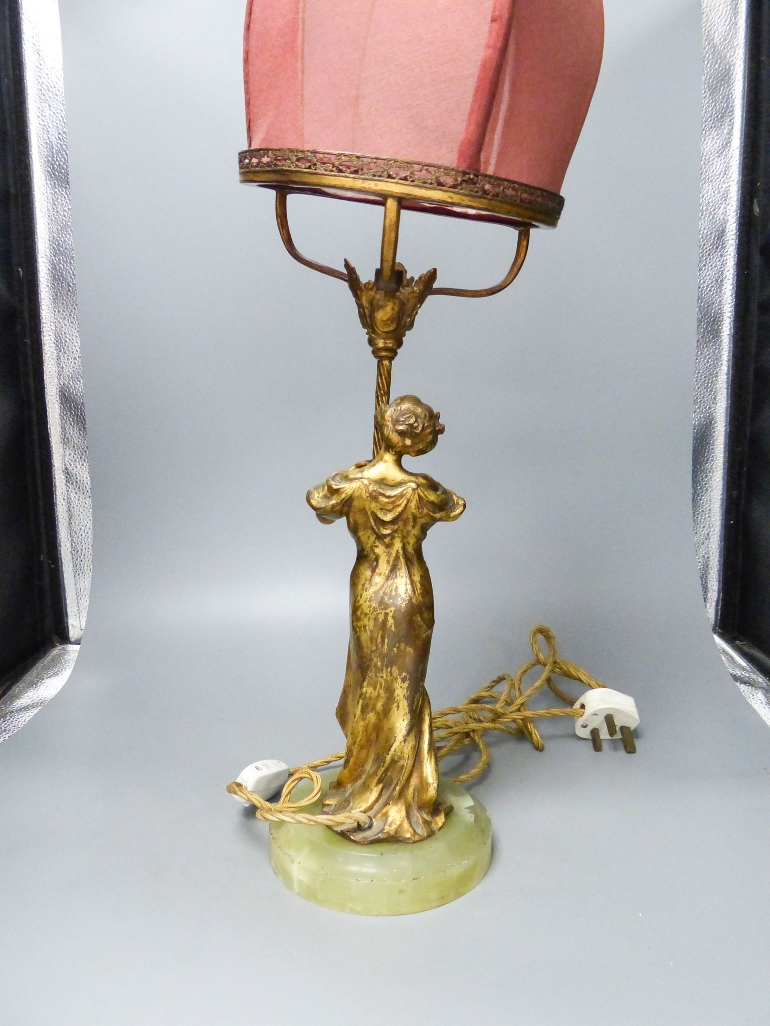 A gilt bronze figural table lamp on onyx base ‘GRAZIELLA par Mednat’ 58cm incl shade